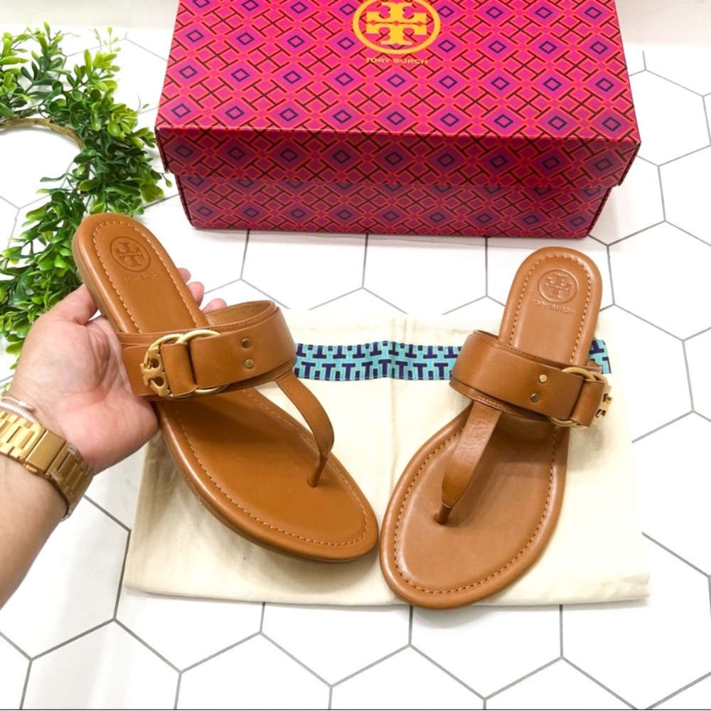 New TORY BURCH Tan Marsden Calf Leather Flat Thong Sandal Shoe Size 9